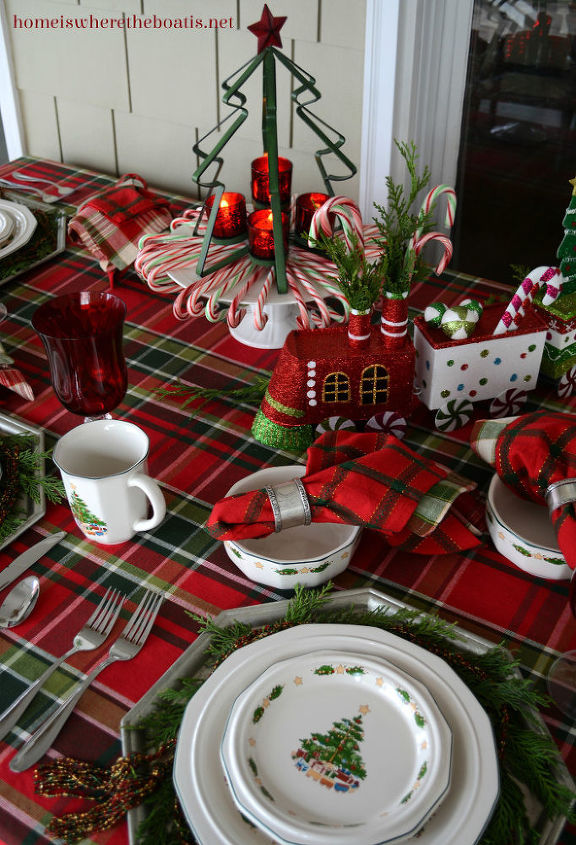 christmas table decor with candy canes trains, christmas decorations, seasonal holiday decor