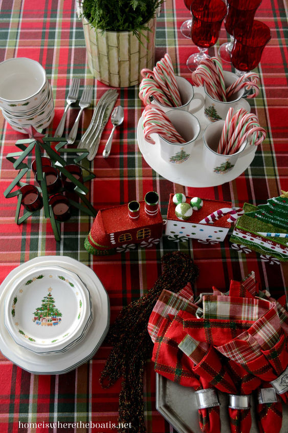 christmas table decor with candy canes trains, christmas decorations, seasonal holiday decor