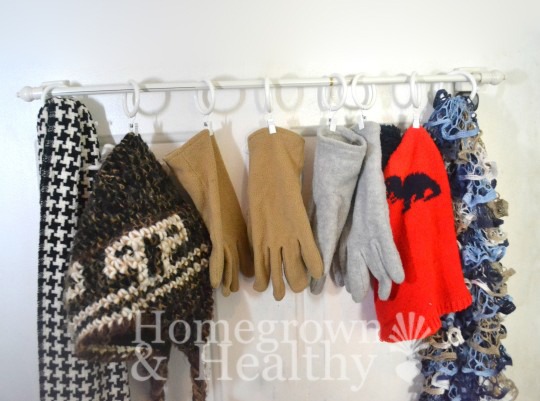 how to organizer winter gear with a curtain rod, home decor, organizing, window treatments