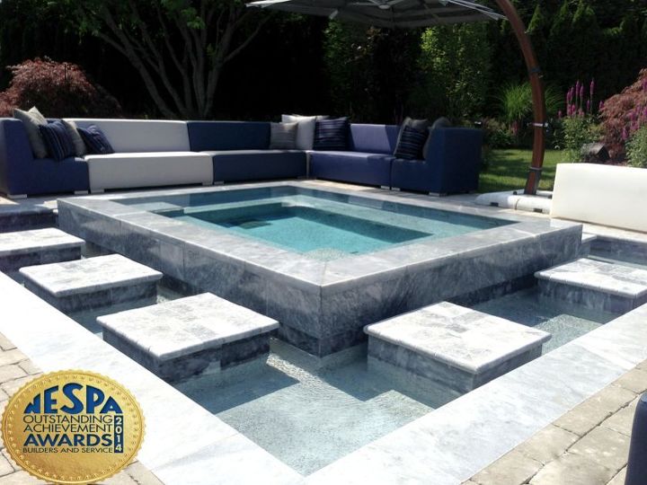 zero edge custom gunite spa with marble veneering, flooring, outdoor living, spas, tiling