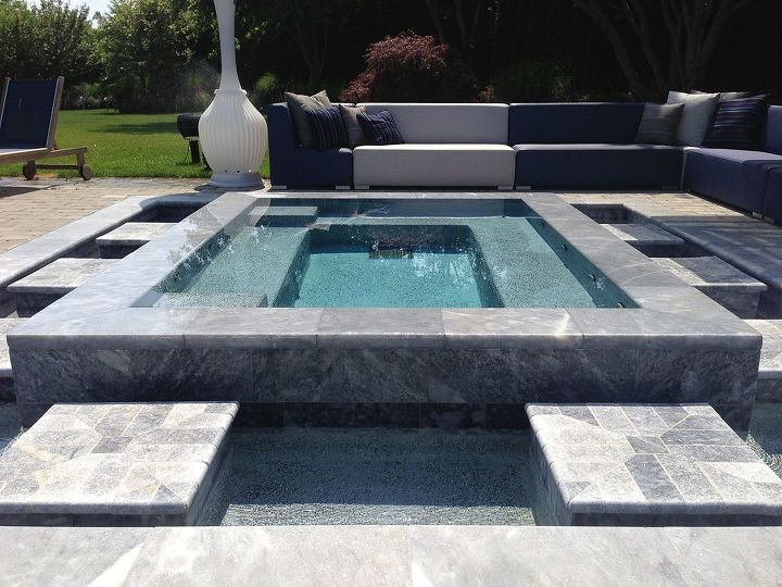 zero edge custom gunite spa with marble veneering, flooring, outdoor living, spas, tiling