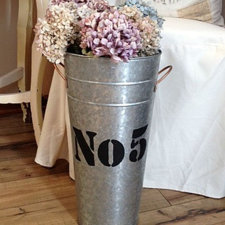 how to paint and stencil a galvanized french flower bucket, crafts, home decor, painting