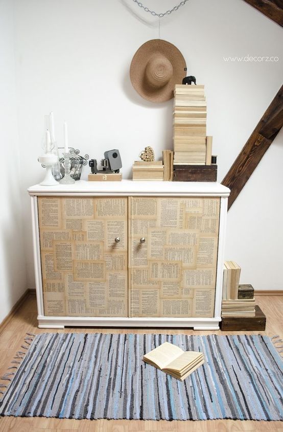 how to decorate a dresser with book pages, painted furniture