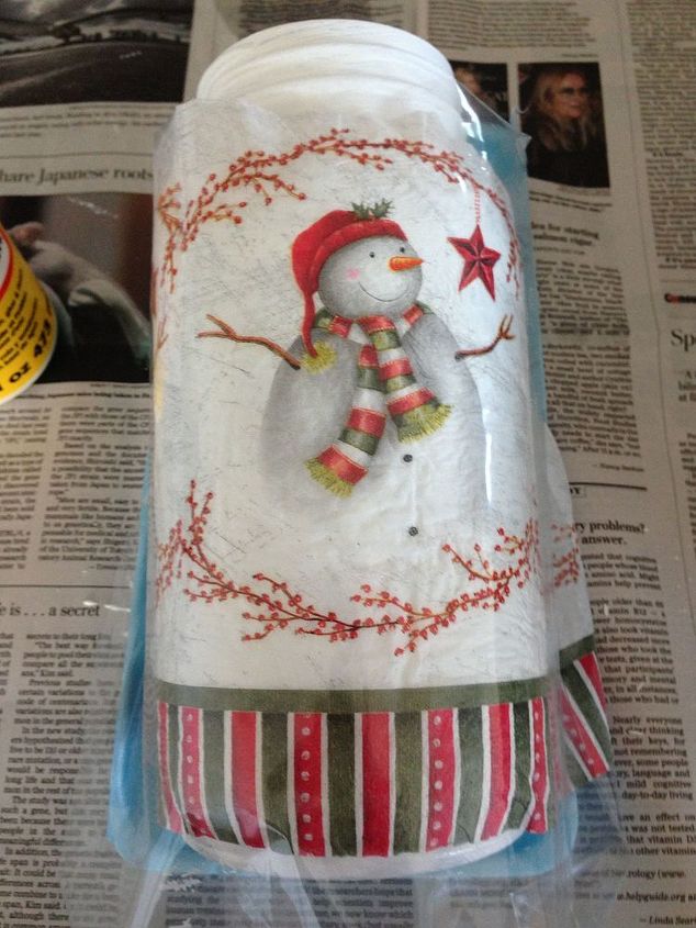 how to decoupage christmas napkins on mason jar with snow, christmas decorations, crafts, mason jars, seasonal holiday decor