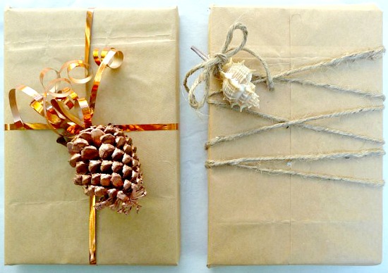 simple gift wrapping ideas with shells pine cones greenery, christmas decorations, seasonal holiday decor, Brown Grocery Bag Gift Wrapping Ideas