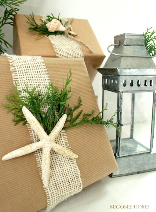 simple gift wrapping ideas with shells pine cones greenery, christmas decorations, seasonal holiday decor, Brown Paper and Burlap Ribbon Gift Wrap