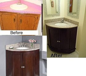 replacing a corner vanity and sink in a bathroom, bathroom ideas, plumbing, Before and after photos