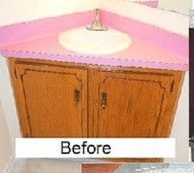 replacing a corner vanity and sink in a bathroom, bathroom ideas, plumbing, Before Sink with pink laminate top