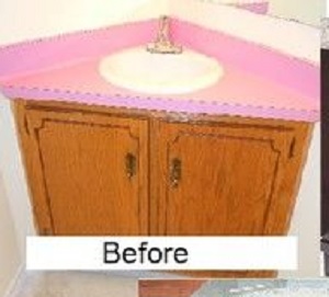 replacing a corner vanity and sink in a bathroom, bathroom ideas, plumbing, Before Sink with pink laminate top