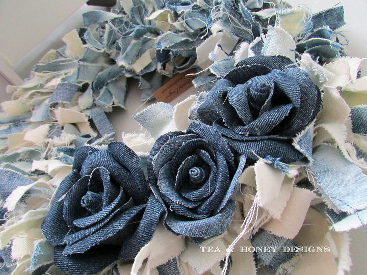how to make a denim jeans rag wreath with flowers, crafts, wreaths