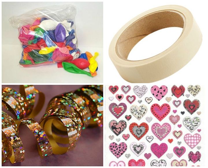 birthday balloon surprise, 1 balloons 2 tape 3 ribbon 4 heart stickers