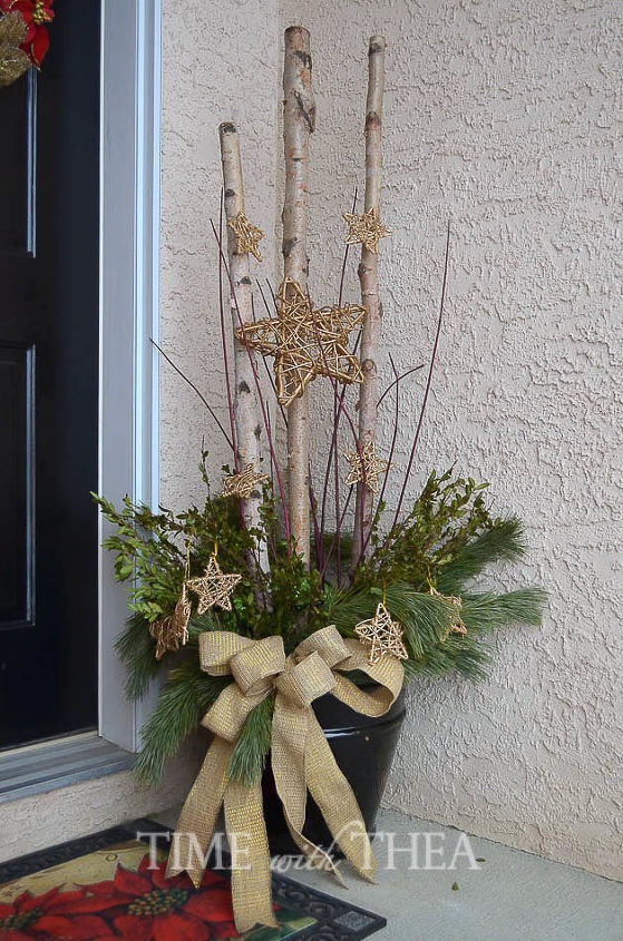 how to make a starry birch log christmas arrangement easily, christmas decorations, curb appeal, seasonal holiday decor