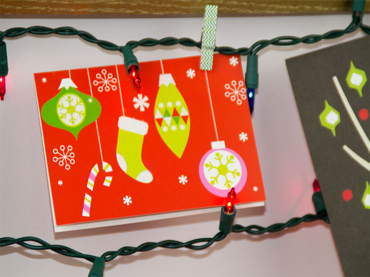 framed christmas card display with string christmas lights, christmas decorations, crafts, seasonal holiday decor