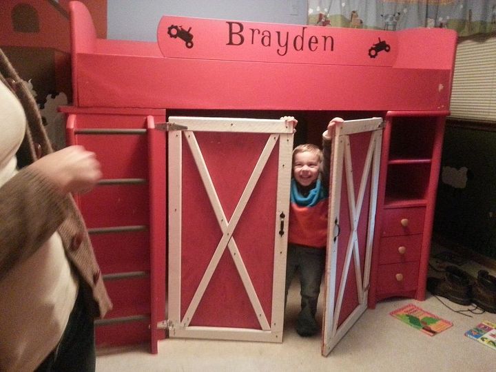 idea for turning a loft bed into a barn theme for a child, bedroom ideas, diy, Grandson and his new barn