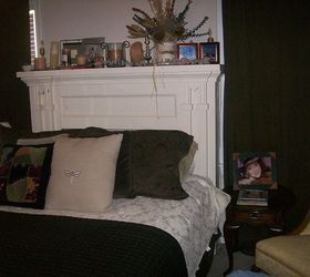 salvaged fireplace mantel turned into queen size headboard, bedroom ideas, fireplaces mantels, repurposing upcycling, storage ideas