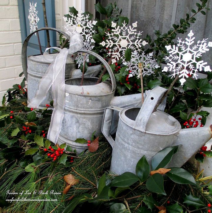 rustic watering cans windowboxes our fairfield home garden, christmas decorations, repurposing upcycling, seasonal holiday decor, Rustic Watering Cans Windowbox