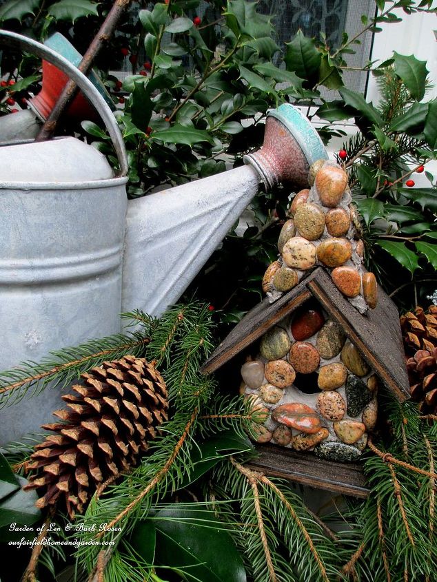 rustic watering cans windowboxes our fairfield home garden, christmas decorations, repurposing upcycling, seasonal holiday decor, Stone Birdhouse