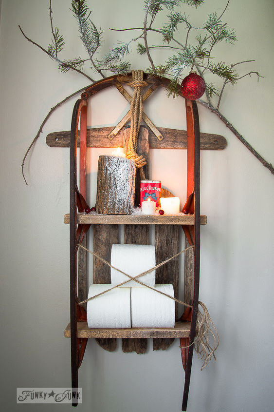 a snow sleigh shelf with the most important job on earth, bathroom ideas, christmas decorations, shelving ideas, small bathroom ideas, storage ideas