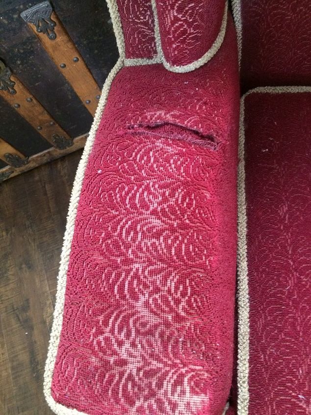q how to reupholster arm chairs, diy, how to, painted furniture, reupholster, This is the only rip on one of the arms