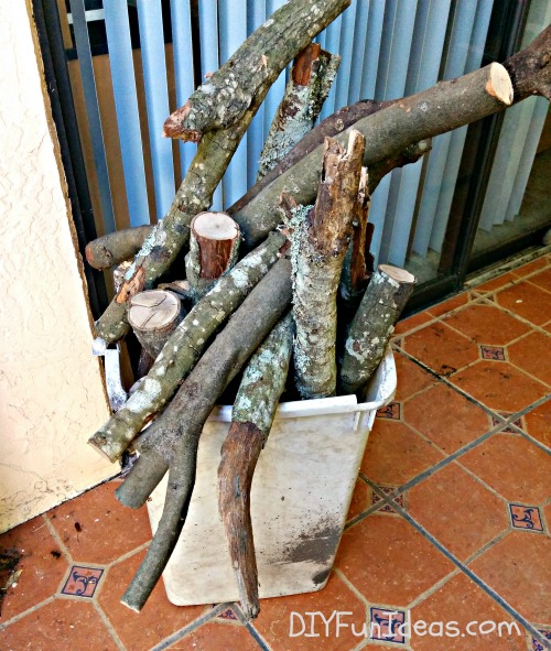 portavelas de madera natural en forma de rama con bastones de caramelo