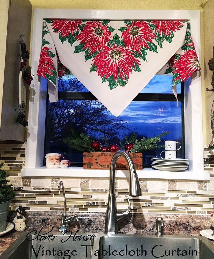 how to use vintage tablecloth curtain for christmas, christmas decorations, repurposing upcycling, seasonal holiday decor, window treatments