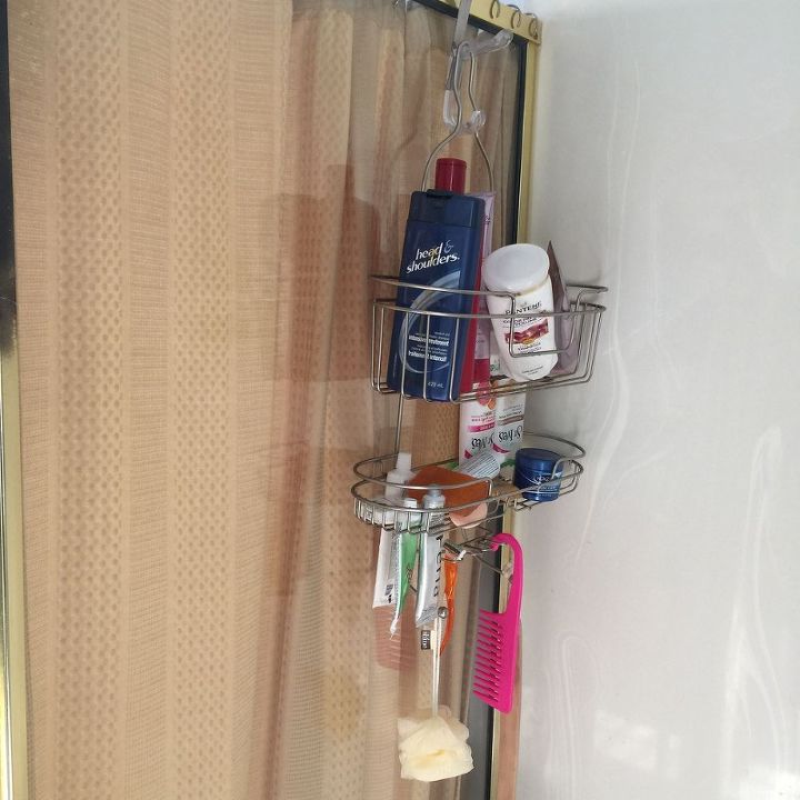 shower with no shelves, Inefficient shelving regular shelf hung up on a coat hook