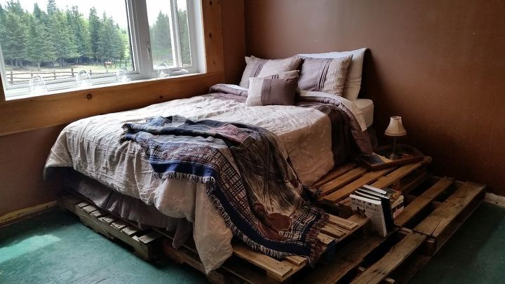 diy pallet bed base, bedroom ideas, pallet, repurposing upcycling