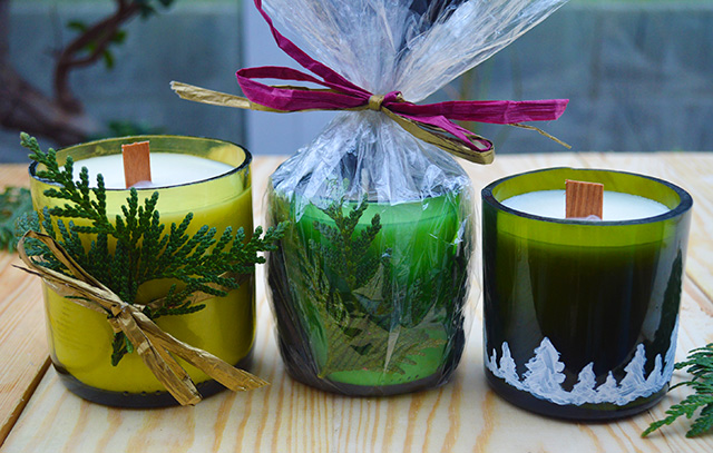 transform wine bottles into handmade candles, christmas decorations, crafts, repurposing upcycling, seasonal holiday decor, Soy wax candles made from wine bottles