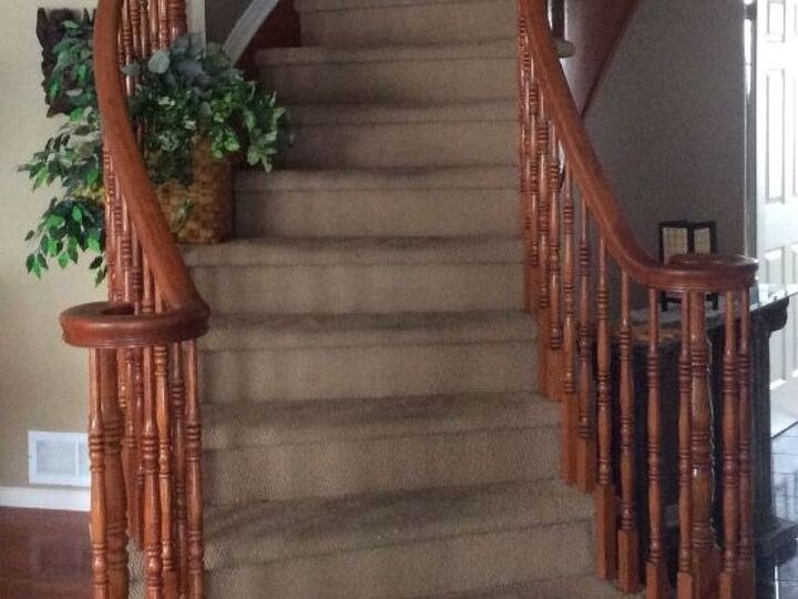 q replace stained carpet on curved staircase, cleaning tips, home improvement, stairs, reupholster, Nice focal point but not with grundgy carpet