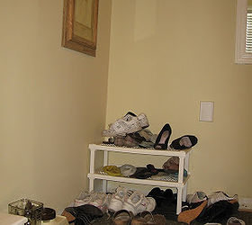 organizing shoe clutter in mudroom foyer or entrance, foyer, organizing, painted furniture, repurposing upcycling, storage ideas