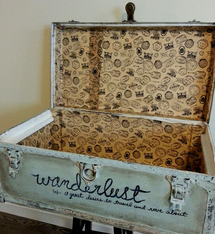 vintage wanderlust trunk makeover, home decor, painted furniture, repurposing upcycling