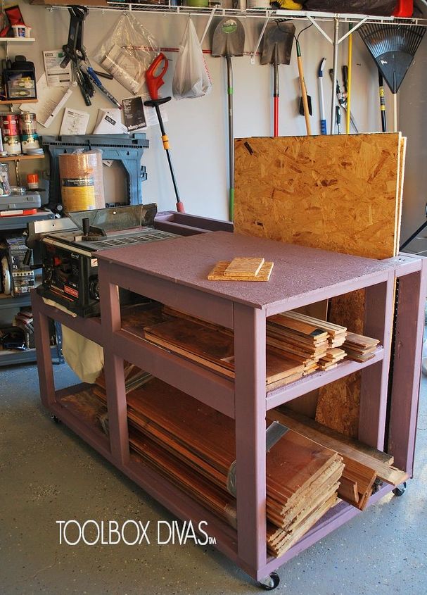 table saw workbench with wood storage, painted furniture, storage ideas, woodworking projects