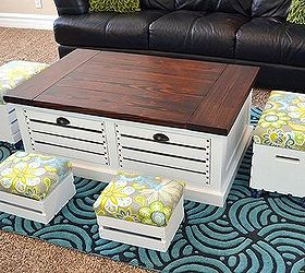 coffee table with crate storage drawers and stools, home decor, organizing, painted furniture, storage ideas, woodworking projects