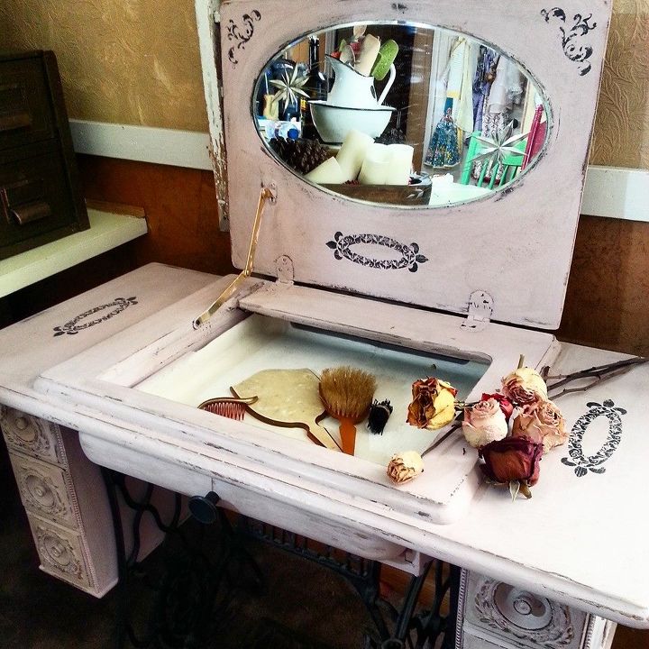 repurposed sewing machine table to vanity, painted furniture, repurposing upcycling
