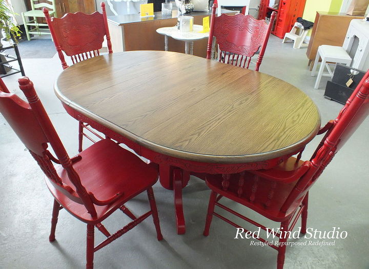 repainted dining room set in bold red, painted furniture