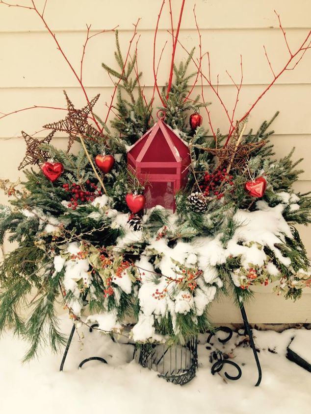 winter container with red decor, gardening, home decor, porches