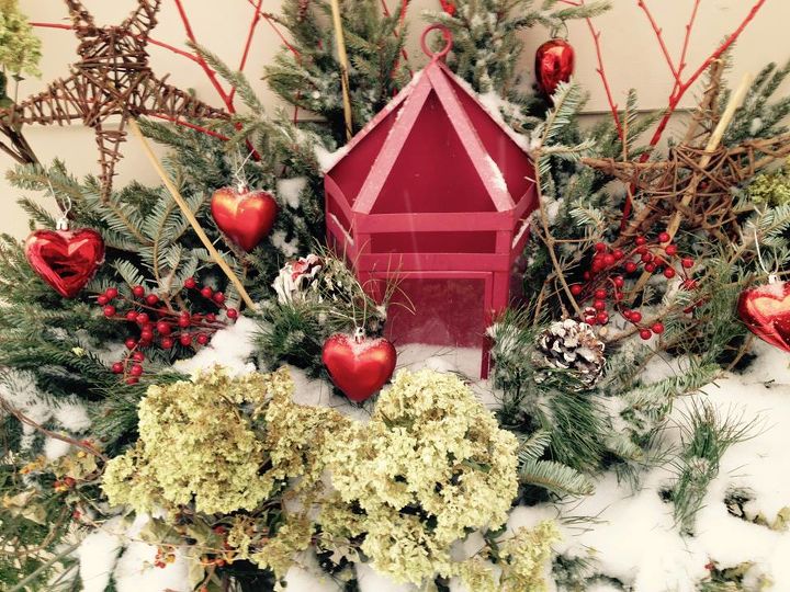 winter container with red decor, gardening, home decor, porches