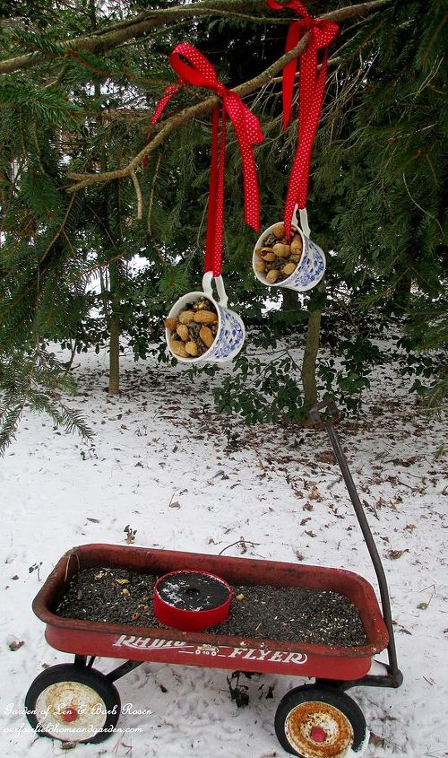 repurposed tea cups to bird feeders, outdoor living, pets animals, repurposing upcycling, Recycled Birdfeeders from teacups and a wagon