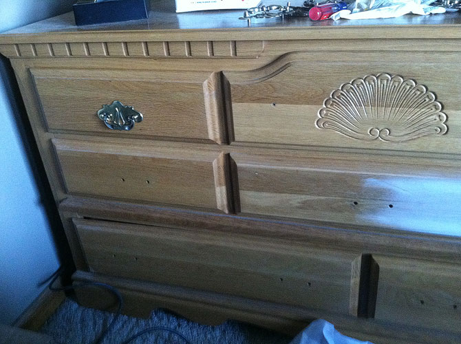 repainted dresser in two tones, bedroom ideas, painted furniture, repurposing upcycling, Dated oak dresser before staining