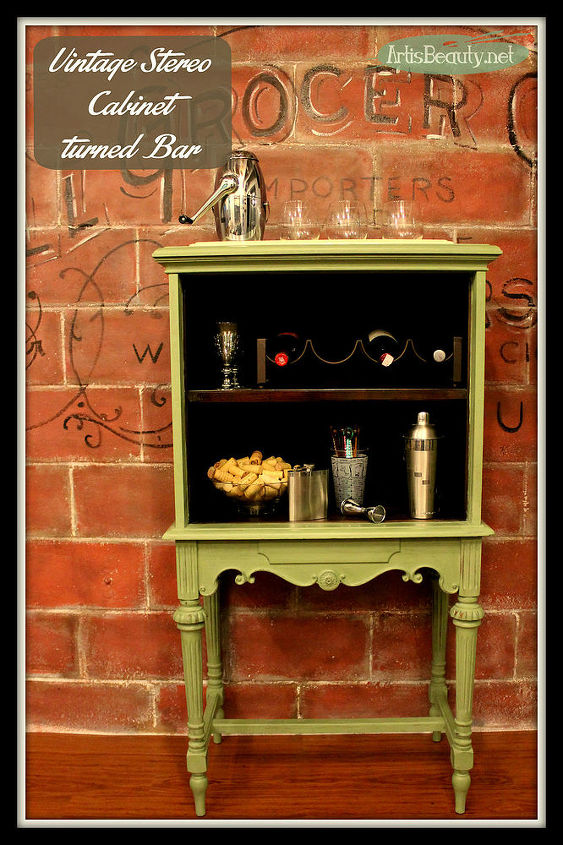 old stereo cabinet turned vintage bar, diy, entertainment rec rooms, home decor, kitchen design, painted furniture