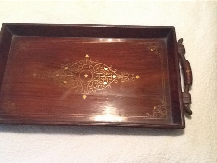 hanging a heavy tray, Wood tray with scroll work metal inlay