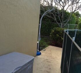 q outdoor shower, outdoor furniture, outdoor living, another angle pool on right house on left