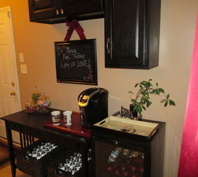 repurposed cabinets and desk to coffee wine bar, chalkboard paint, crafts, painted furniture, repurposing upcycling