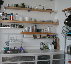 paint or new hardware to get industrial look in kitchen, kitchen cabinets, kitchen design, painting, Another look I don t have the open shelving ontop so a bit much for ALL cabinets galvanized sheets ontop of exsisting cabinet doors