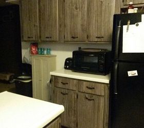 q what would you do with these fake barn wood cabinets, kitchen cabinets, kitchen design