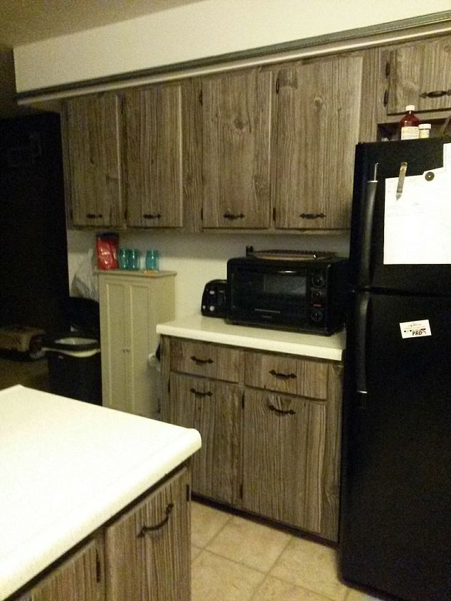 q what would you do with these fake barn wood cabinets, kitchen cabinets, kitchen design