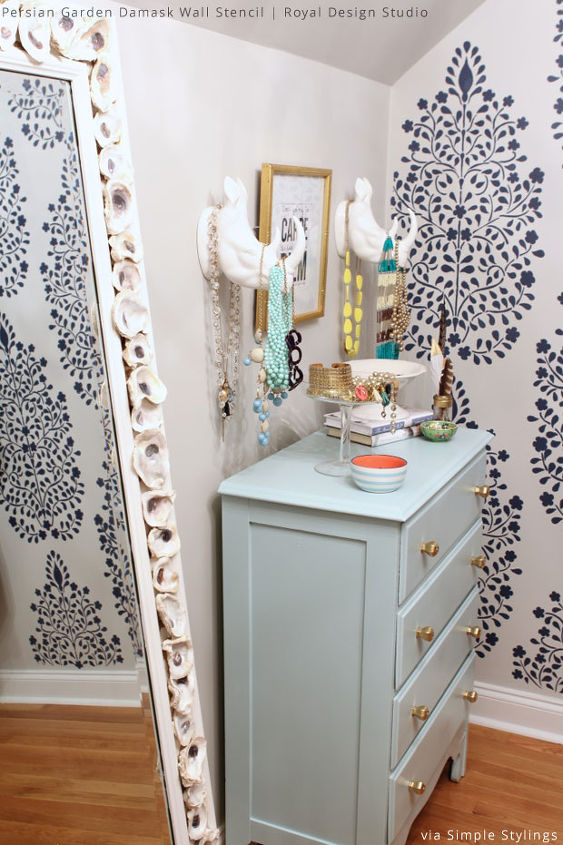 wall stencils and removable wallpaper take on the one room challenge, bathroom ideas, closet, painting, small bathroom ideas, wall decor