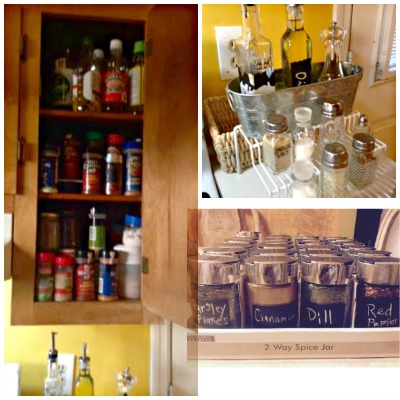q kitchen organization ideas, kitchen design, organizing, storage ideas, My spice cabinet redo Jars from Dollar tree I want out on display to fee up cabinet Photo to right is oils and more spices on counter