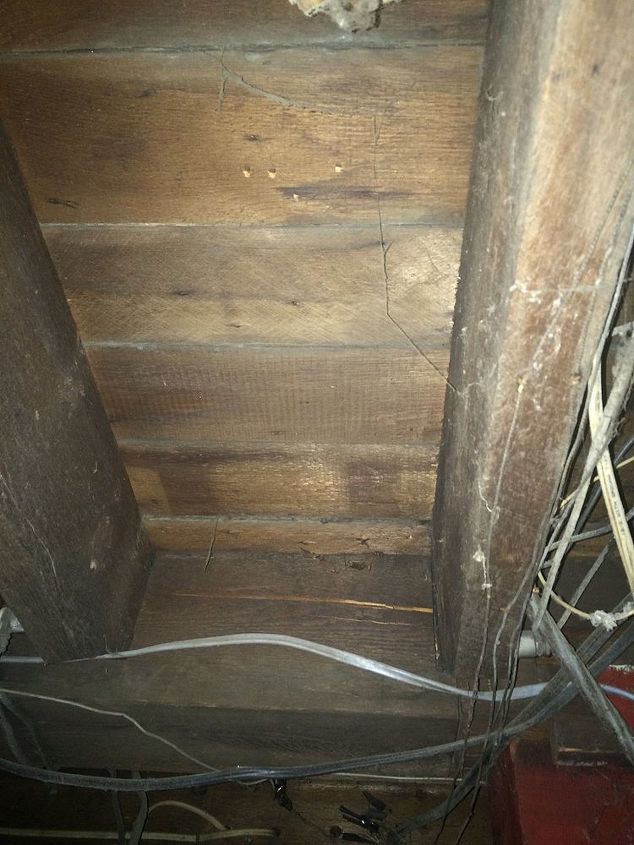 q removing carpet from very old wood floors, cleaning tips, flooring, hardwood floors, home maintenance repairs, This is in the basement looking up the dust and cobwebs were grandfathered in