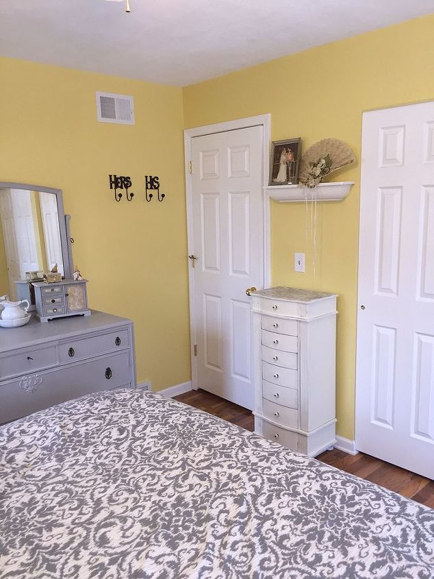 q ideas for redecorating a gray and yellow master bedroom, bedroom ideas, home decor, how to, painted furniture, painting, wall decor, window treatments, Jewelry armoire ASCP Old White